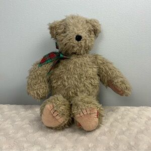 Vintage AGC Teddy Bear Plush Stuffed Animal Tan Light Brown Red Green Plaid Bow